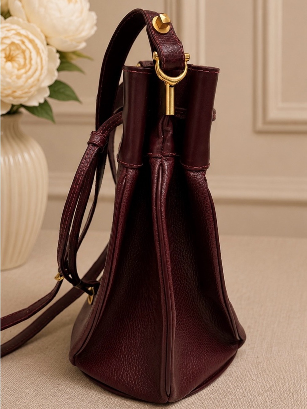 VTG Must de Cartier Sac Seau Bordeaux Leather Bucket Drawstring Shoulder Bag - Picture 7 of 13